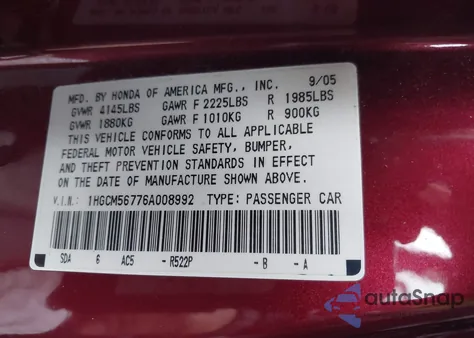 2006 Honda Accord 2.4 Ex из США, поврежденный, VIN 1HGCM56776A008992